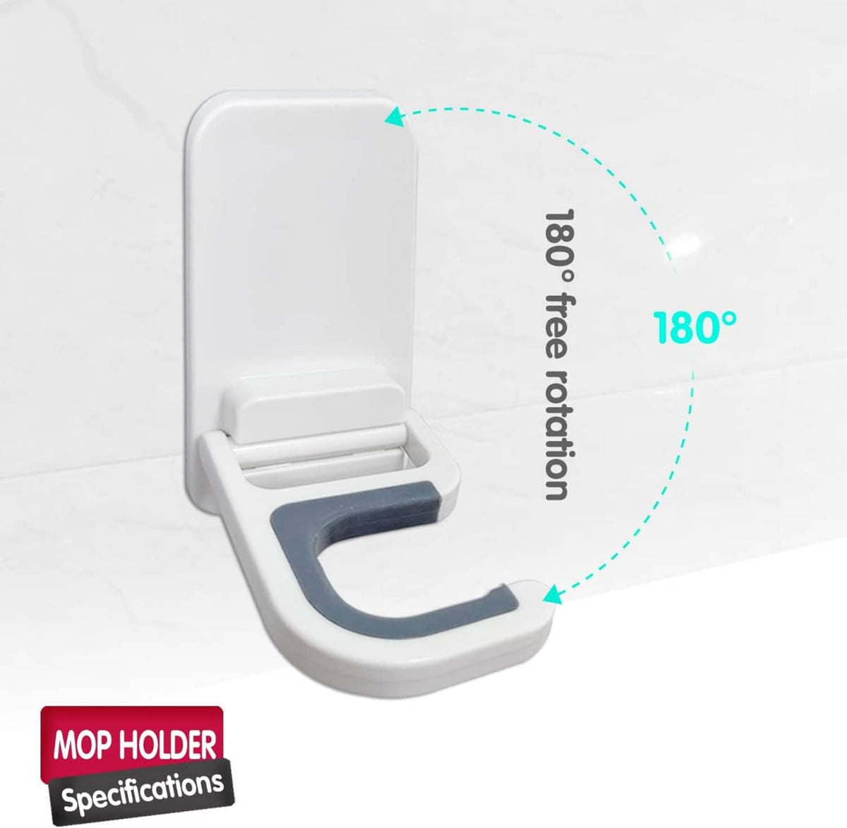 White mop holder gripper hook showing 180-degree rotation of the U rest