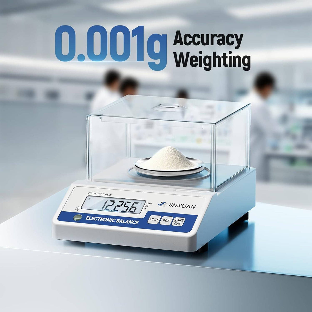 Digital milligram balance scale with LCD display and clear draft shield weighing pan