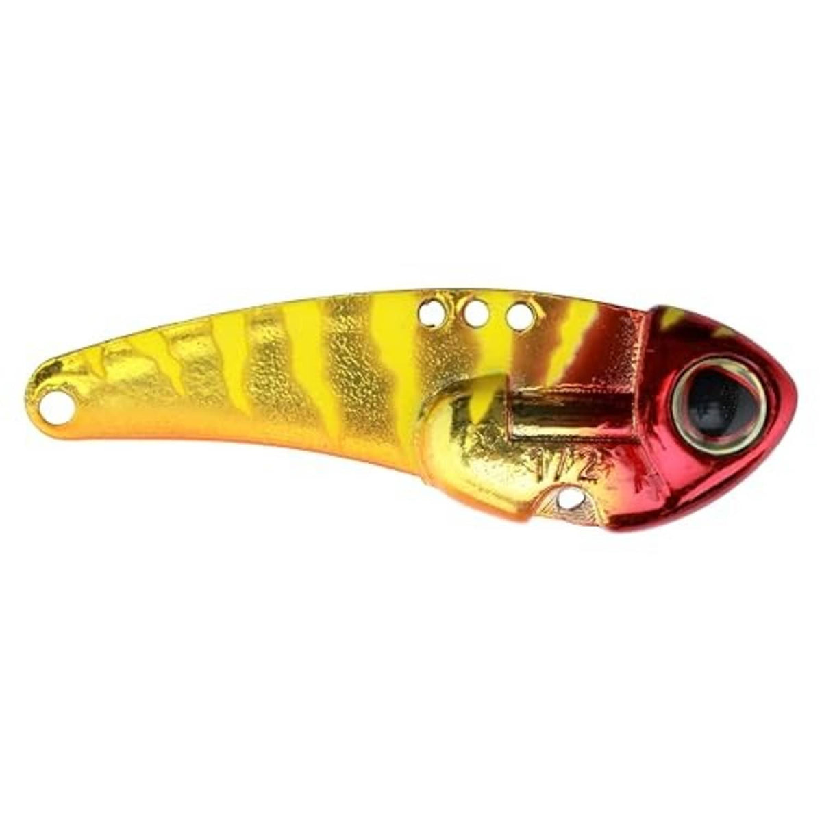 Gold and red blade bait lure with black treble hooks and round red eye.