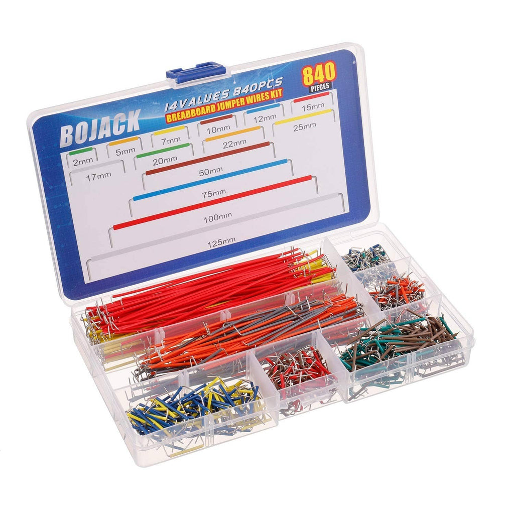 Breadboard jumper wire kit in clear case with multicolor pin wires, lid open