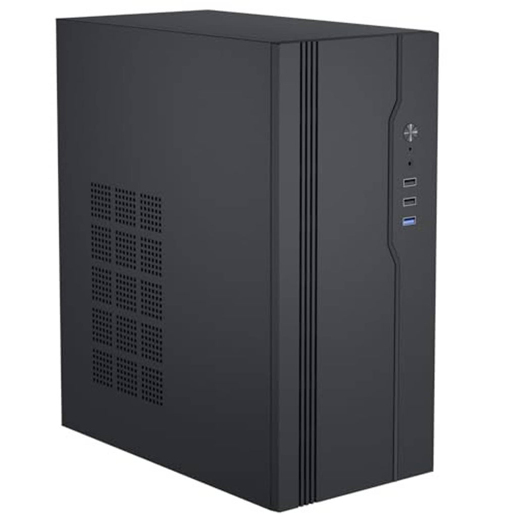 Matte black mini PC case with front mesh panel and vertical vent strip on side