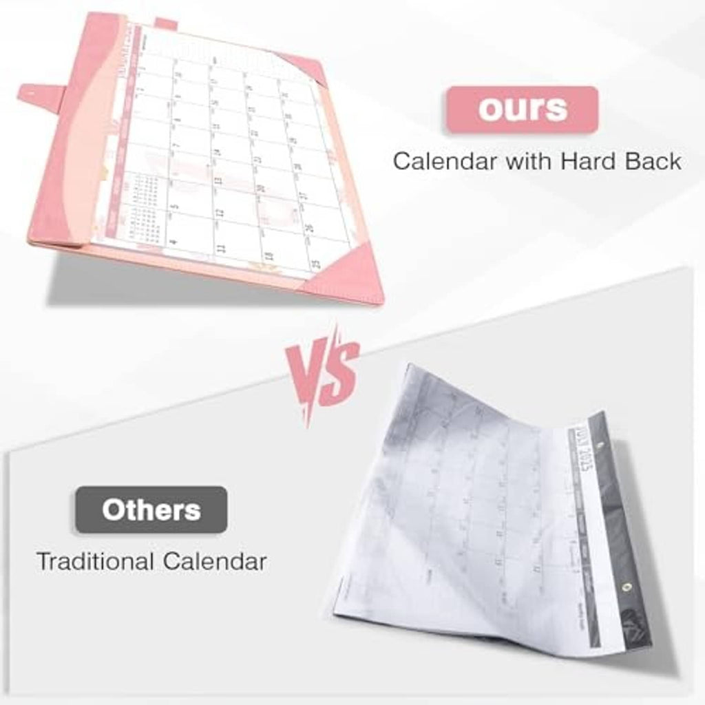 Pink leather wall calendar with hard back support, shown open with 2026 dates