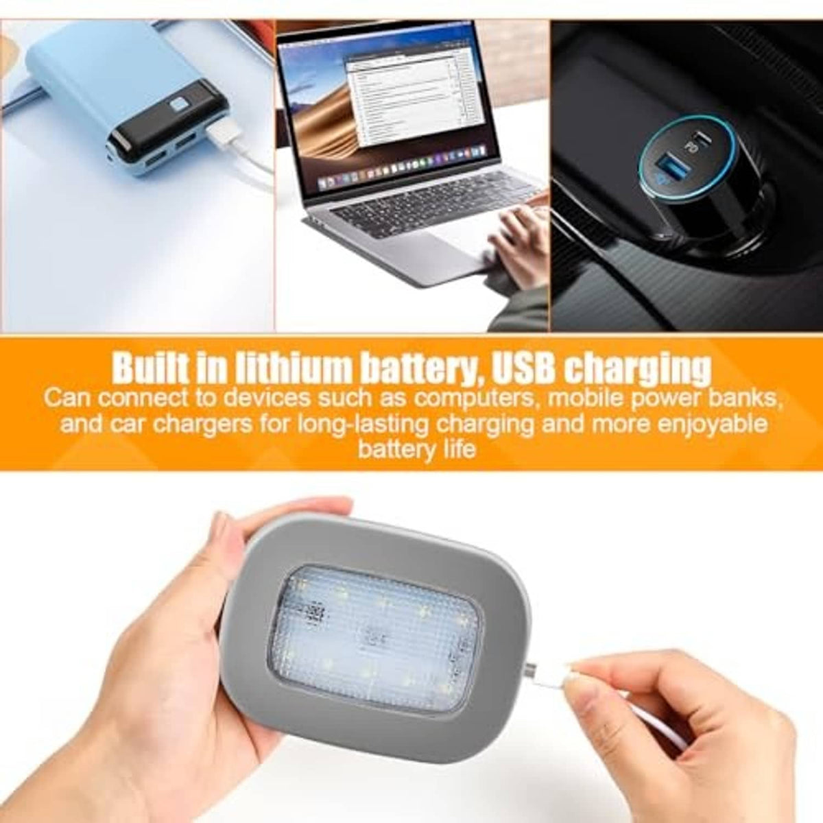 Gray LED car roof light with USB charging port and clear rectangular lens