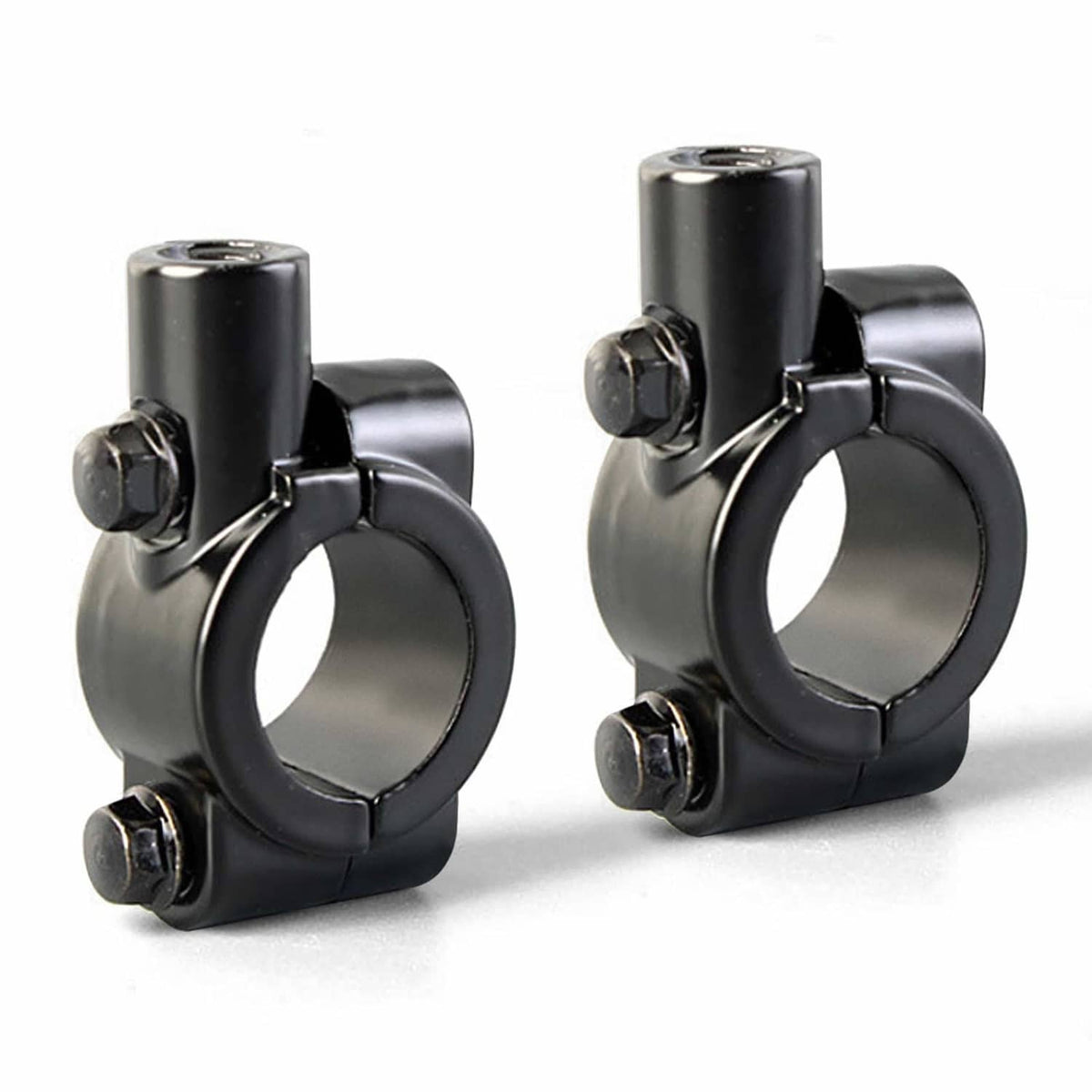 Black handlebar mirror mount clamps, 10mm thread, 25mm bar fit