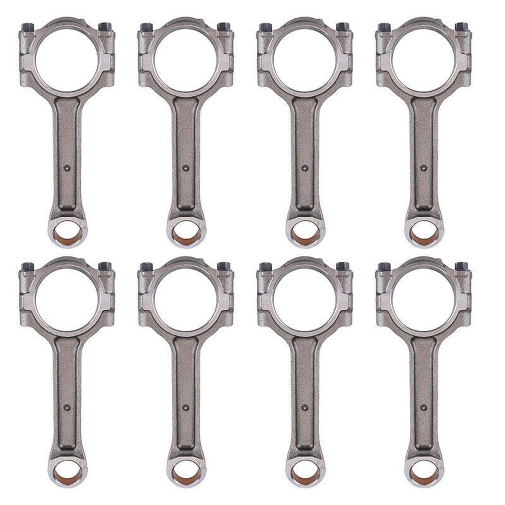 Eight connecting rods standing upright, silver steel with round bearing ends and small caps