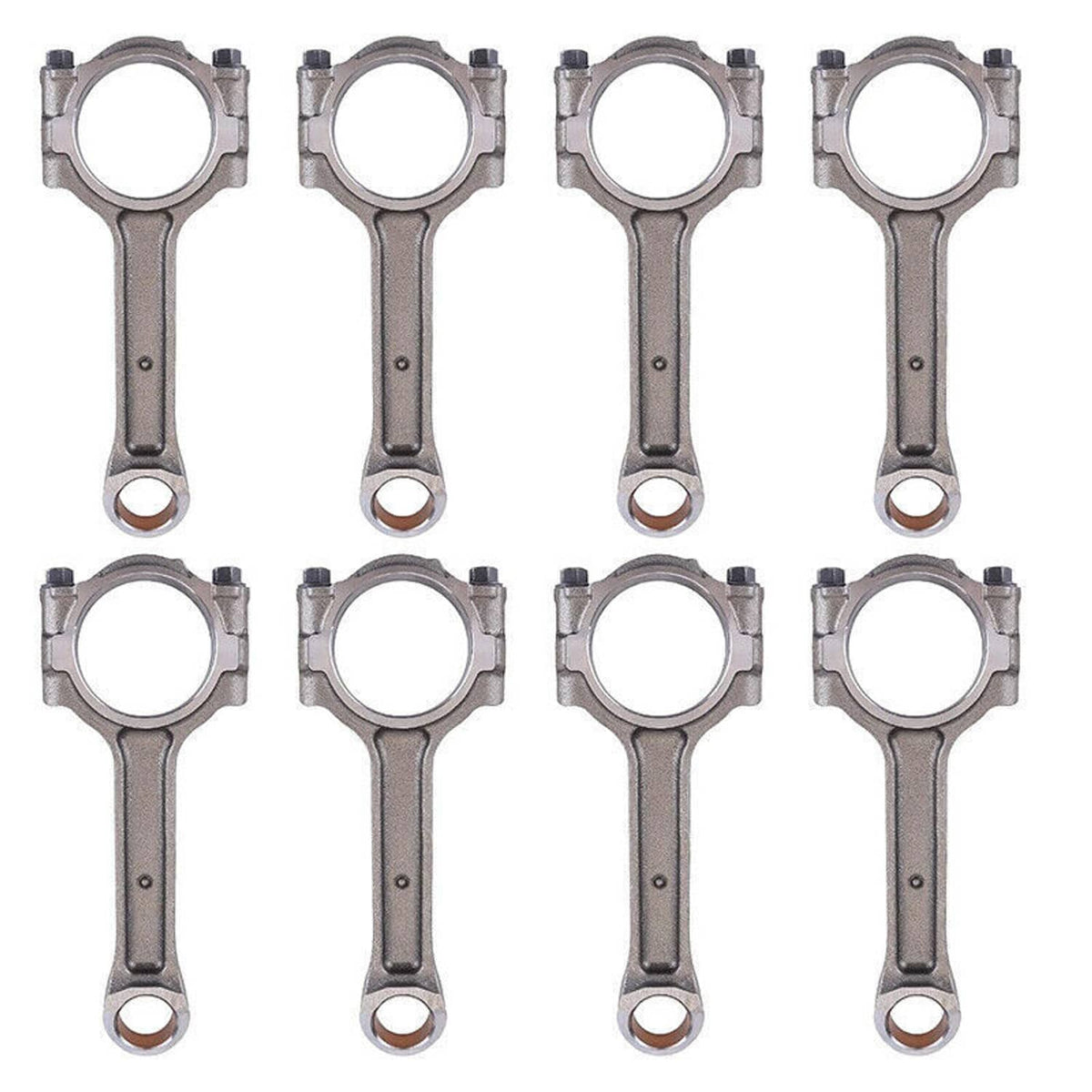 Eight connecting rods standing upright, silver steel with round bearing ends and small caps