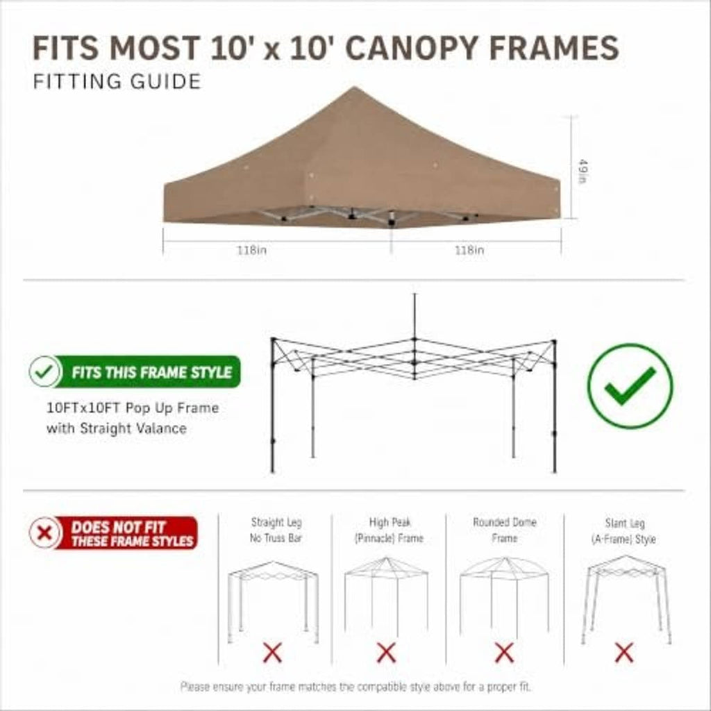 Khaki 10x10 canopy top with grommet corners and center support clips