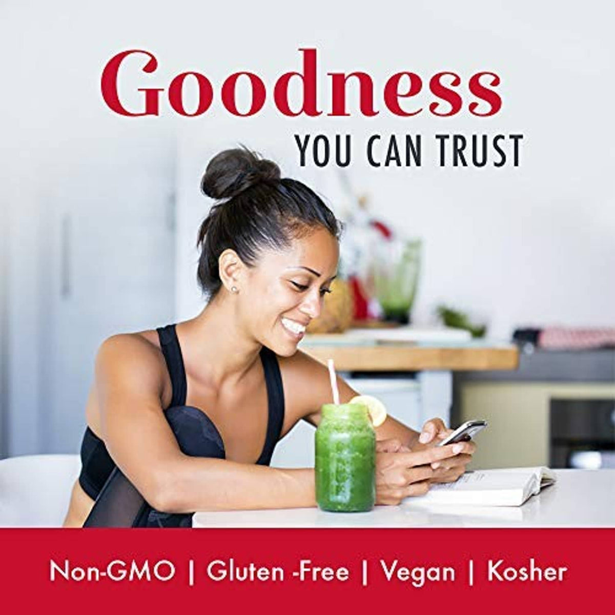 Vinegar product marketing image with woman holding green drink and trust badges