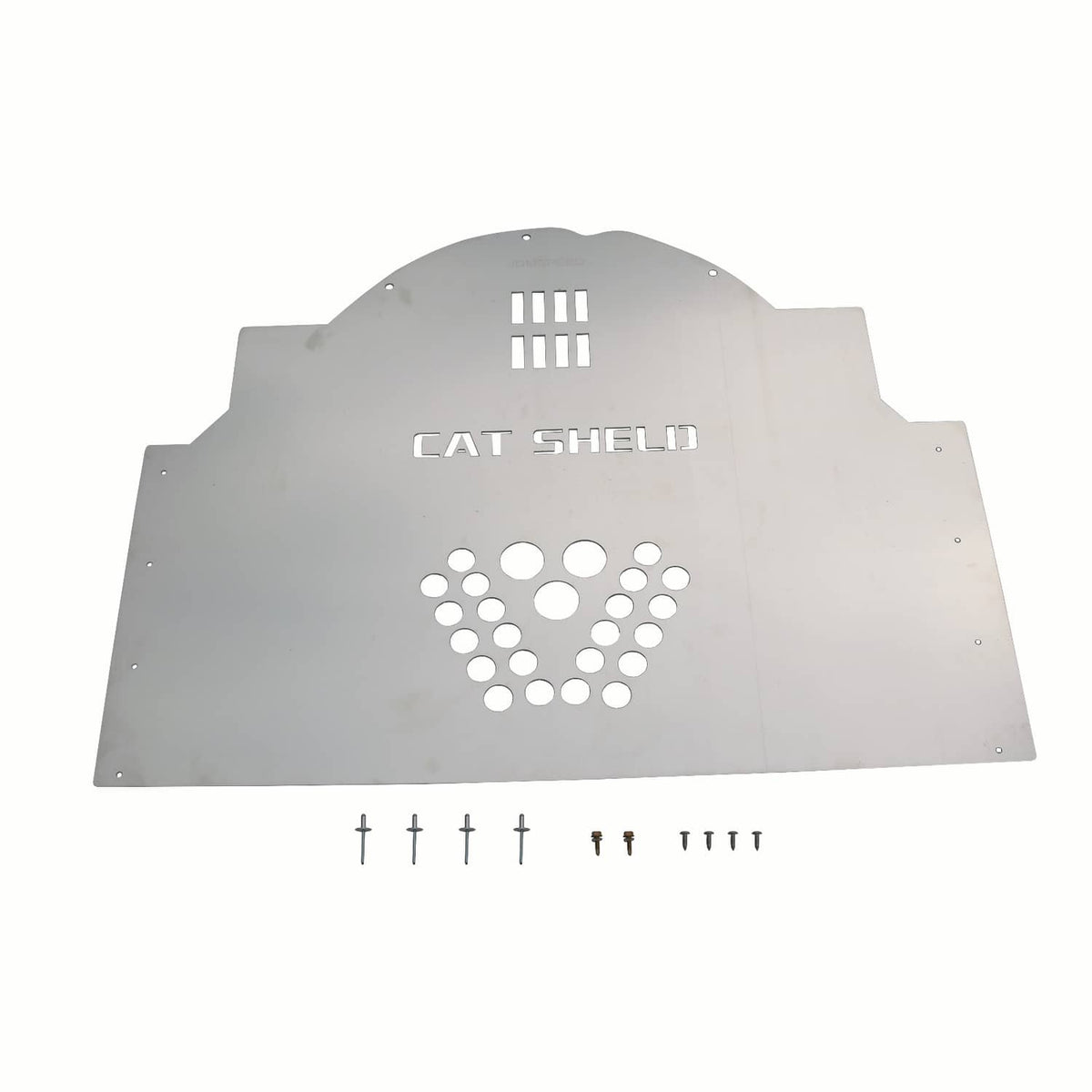 Metal cat shield with stamped CAT SHELLI lettering, perforated emblem, and screws