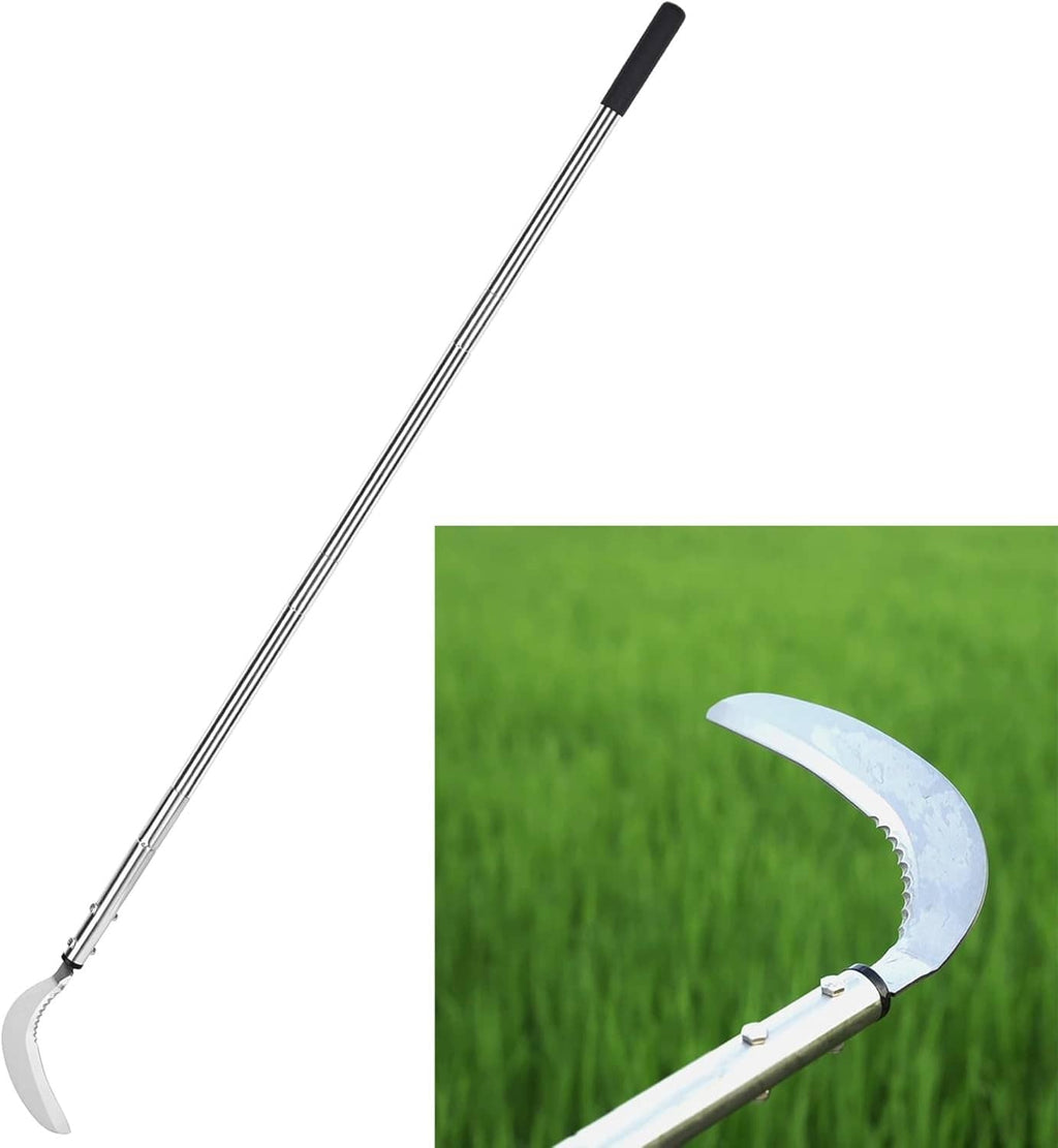 Adjustable long-handled weeding scythe with curved steel blade and serrated edge