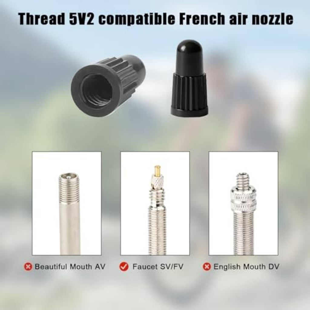 Threaded French air nozzle adapters with black caps and metal Presta valve cores