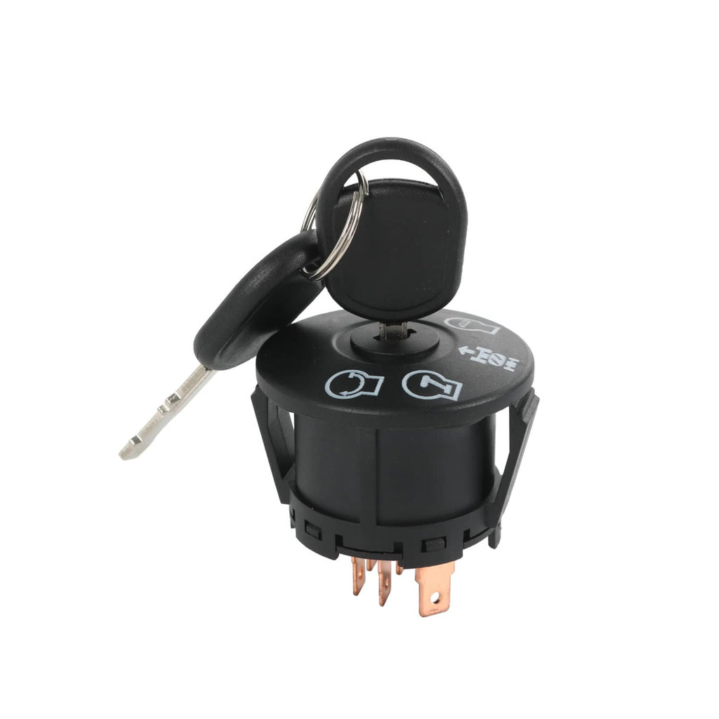Black ignition switch starter with key inserted, showing button icons and mounting base.