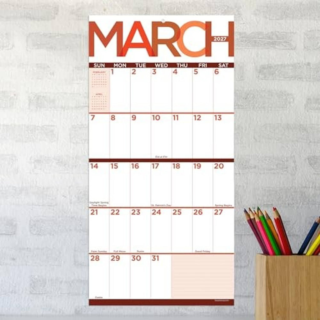 March 2027 monthly calendar page with red title and grid of dates