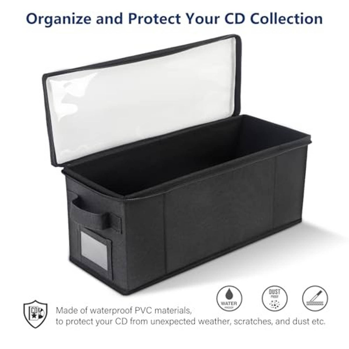 Black storage box with clear window lid, open top, protective CD compartment