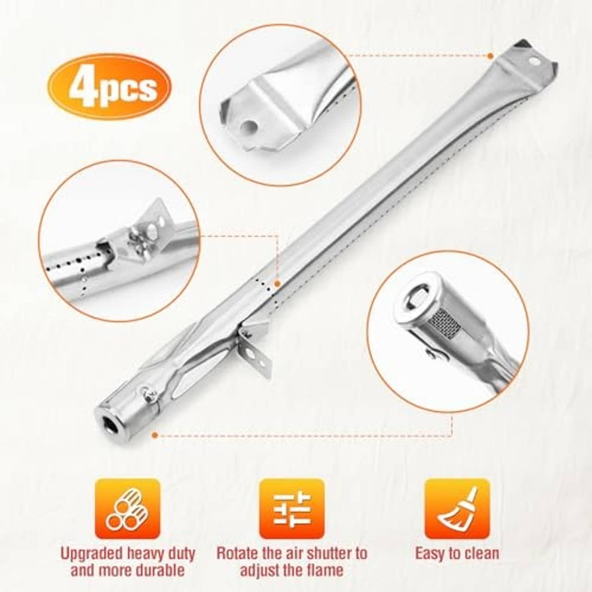 Four-piece stainless burner tube set with black heat shield and end caps