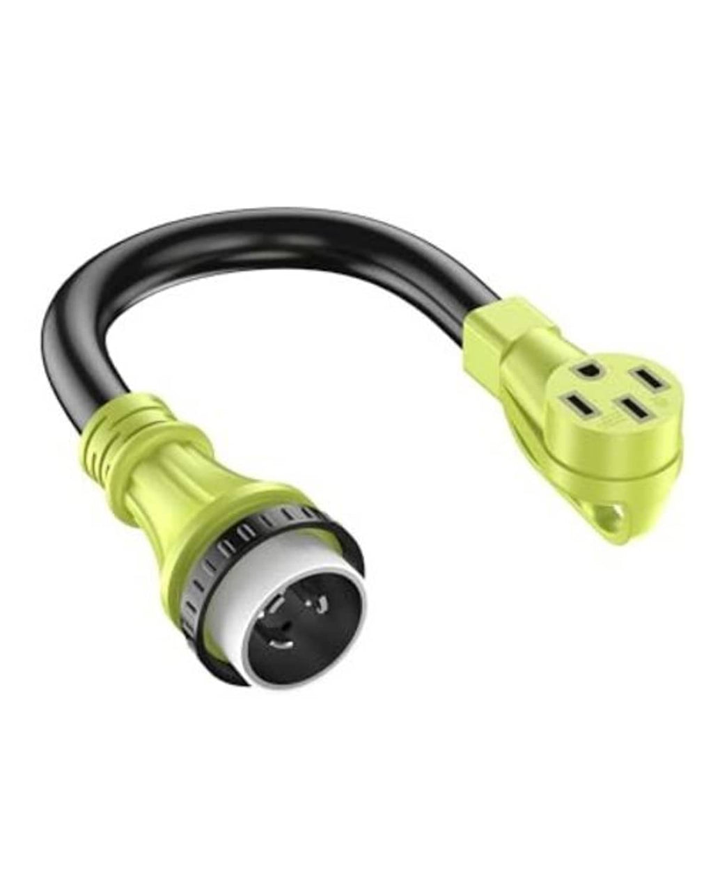 Twist-lock RV adapter cord with grip handle, green plugs on black cable