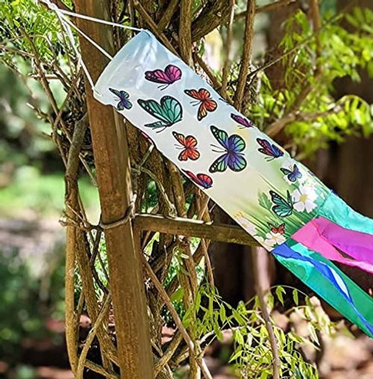 Butterfly windsock on tree branch with colorful ribbon streamers fluttering
