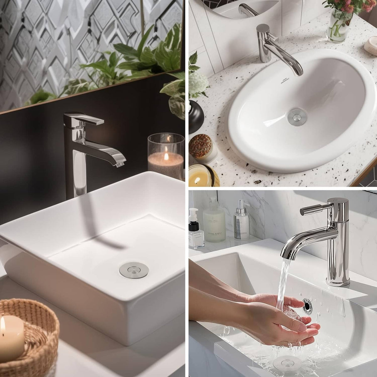 Brushed nickel sink stopper drain strainer installed in a bathroom vanity sink