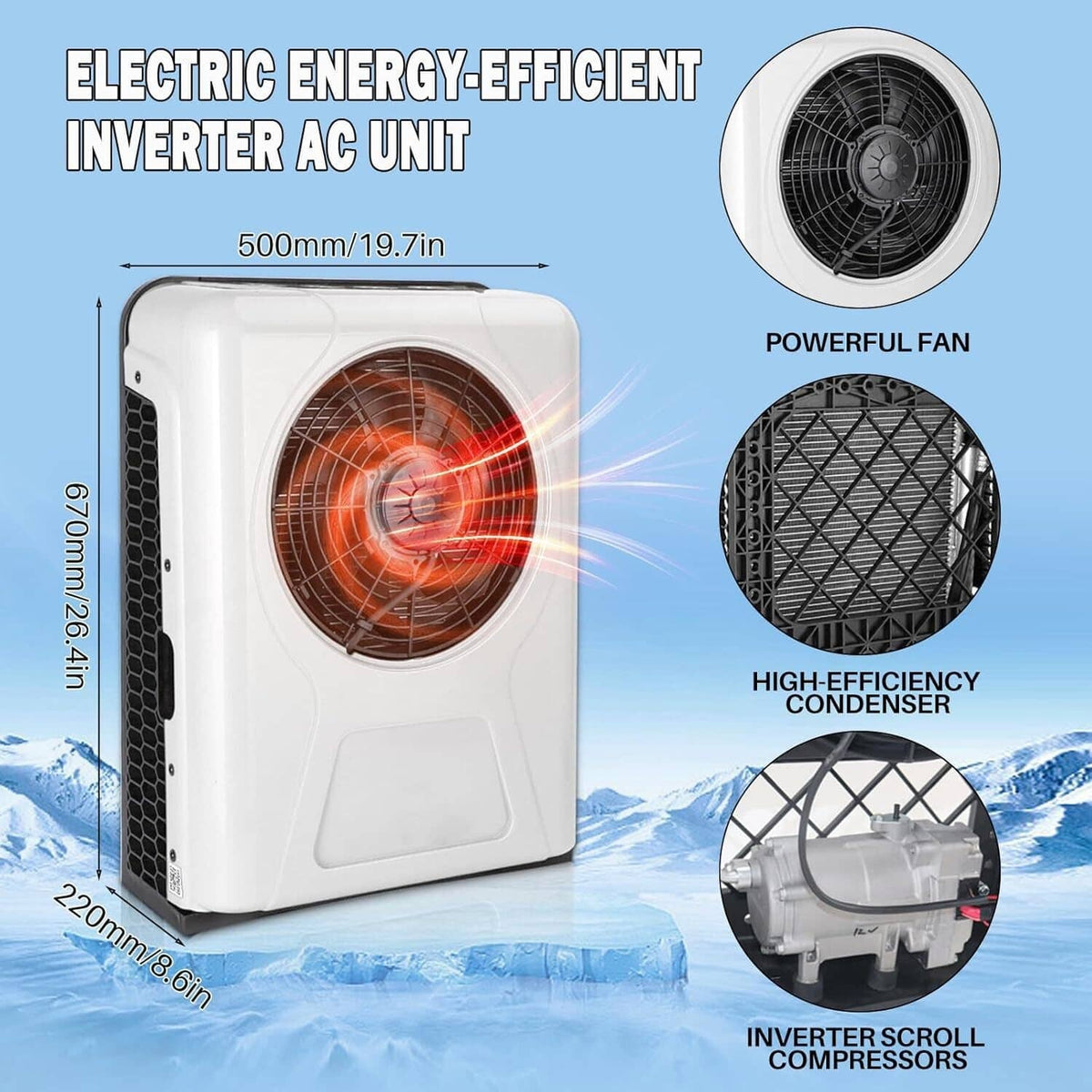 Inverter split AC outdoor unit with front fan and condenser detail in white housing
