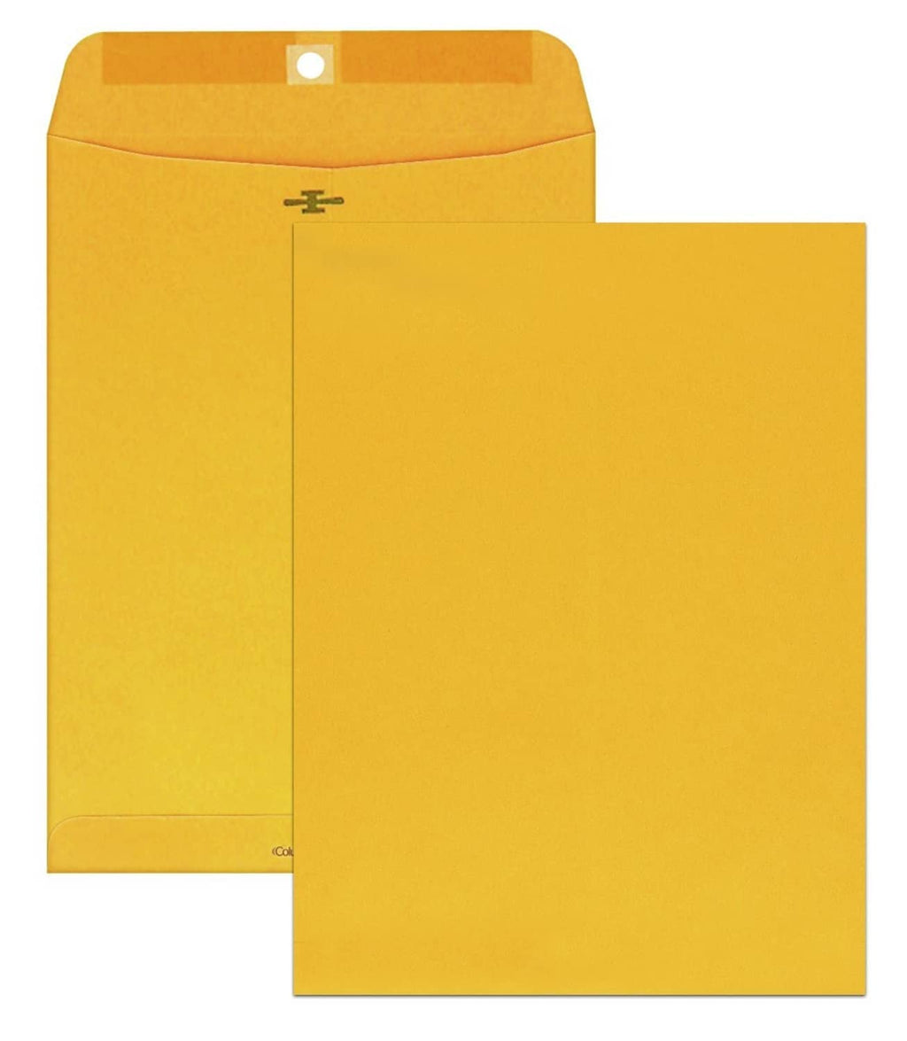 Kraft clasp mailing envelopes, two yellow-orange envelopes nested with closure flap