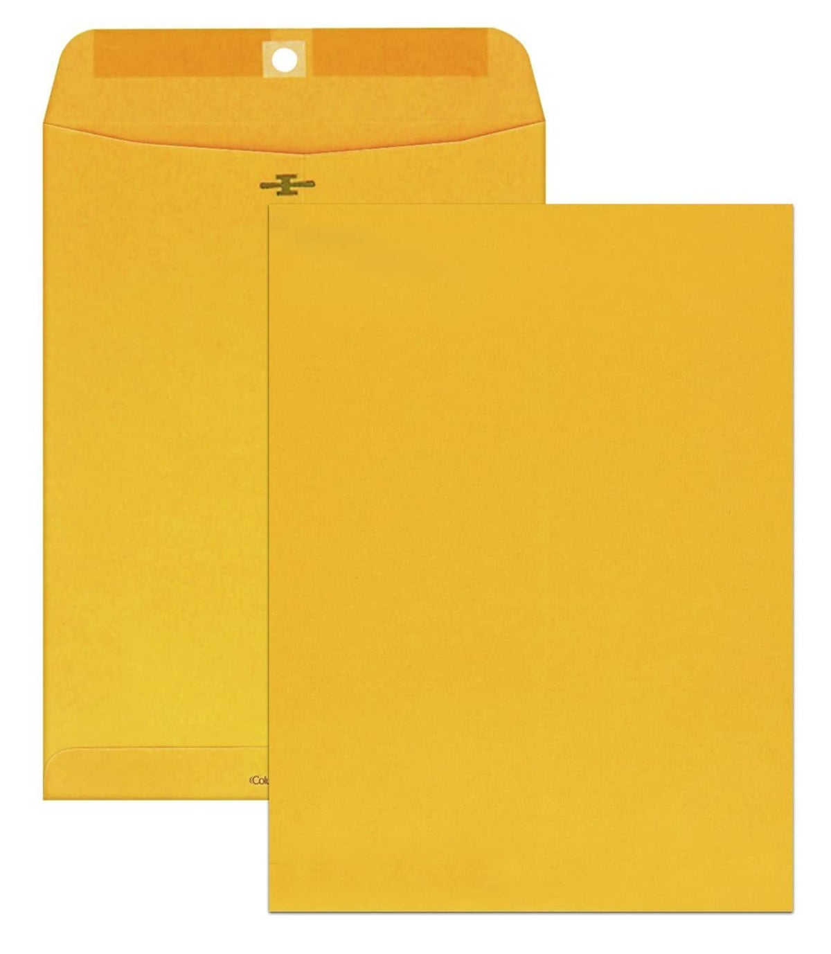Kraft clasp mailing envelopes, two yellow-orange envelopes nested with closure flap