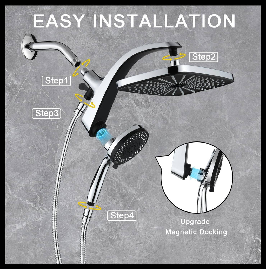 Chrome rain shower head installation set with magnetic docking and adjustable angle mounting