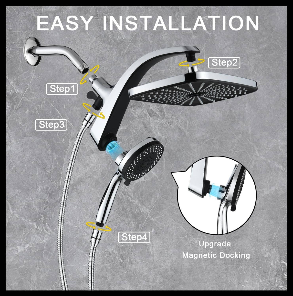 Chrome rain shower head installation set with magnetic docking and adjustable angle mounting