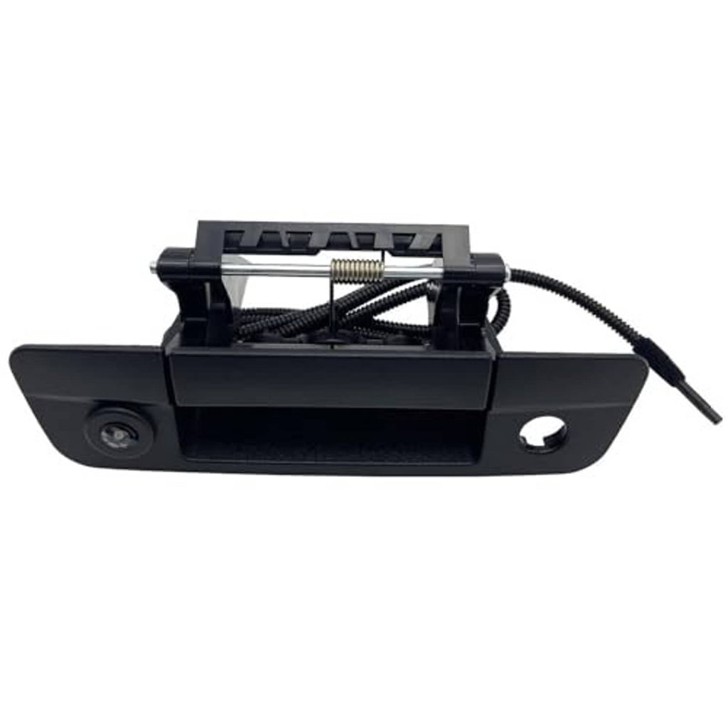 Black tailgate handle with integrated rear view parking camera and wiring
