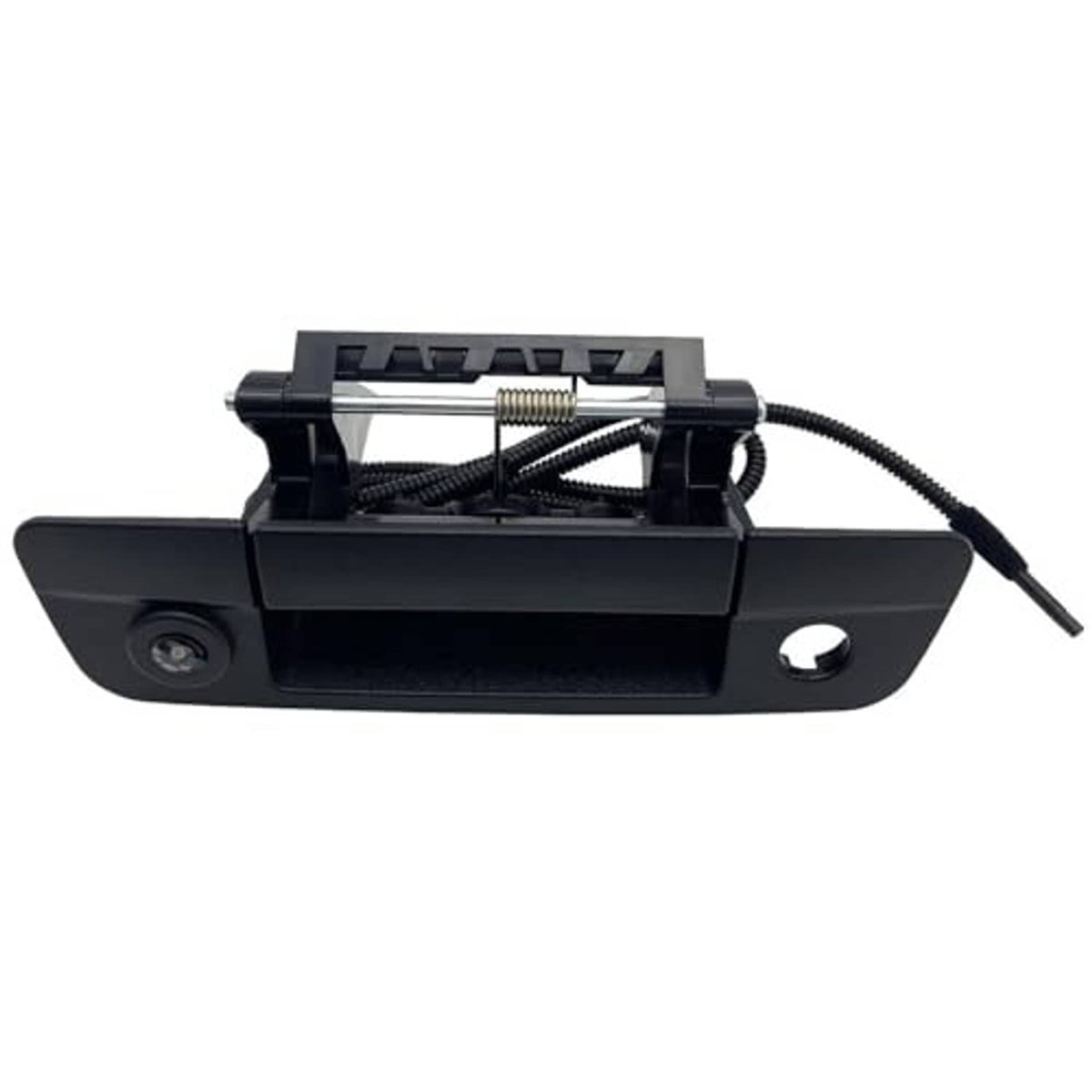 Black tailgate handle with integrated rear view parking camera and wiring