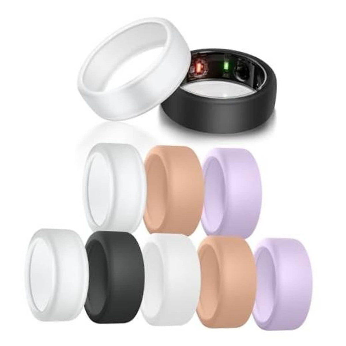 Set of silicone ring covers in white, black, tan, and lavender colors