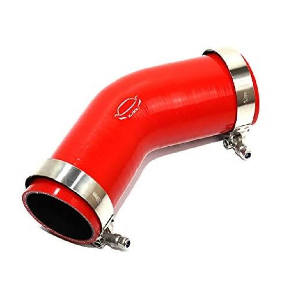 Red silicone 45-degree elbow reducer coupler with metal bands and clamps