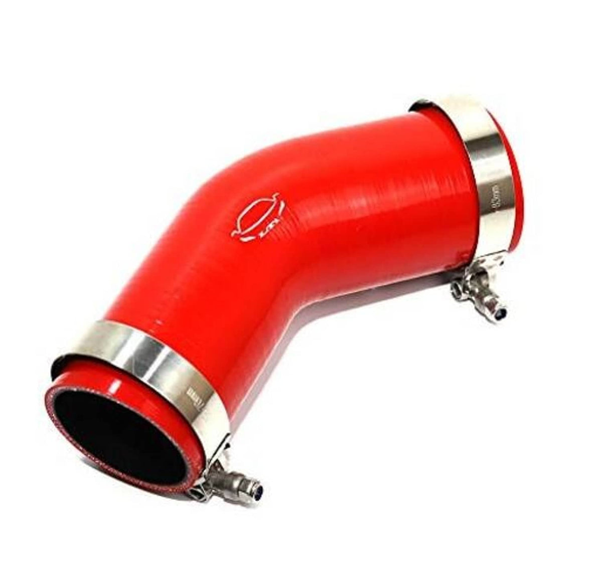 Red silicone 45-degree elbow reducer coupler with metal bands and clamps