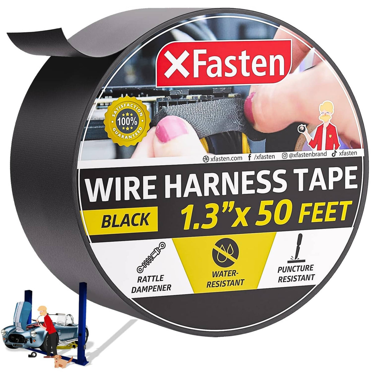Black wire harness tape roll with XFasten branding, 1.3-inch x 50-feet