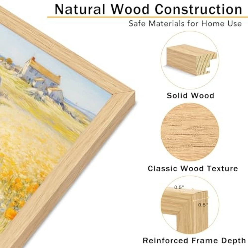 Natural wood picture frame with classic grain texture, angled corner view