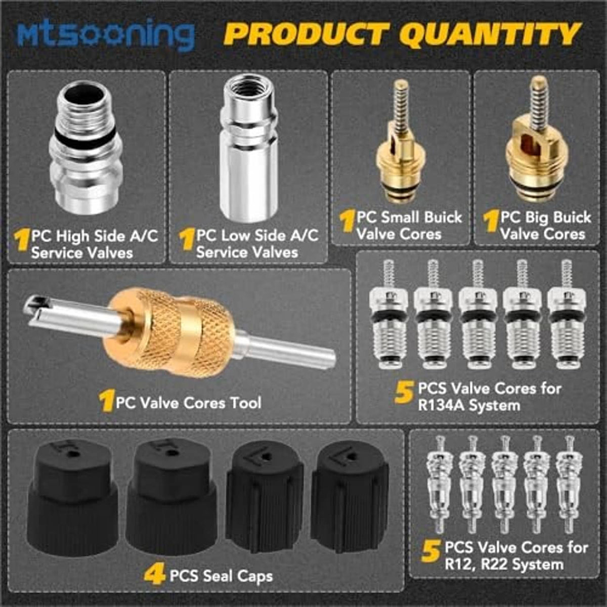 Air conditioning valve core and seal kit with brass tool, multiple chrome fittings, and black caps