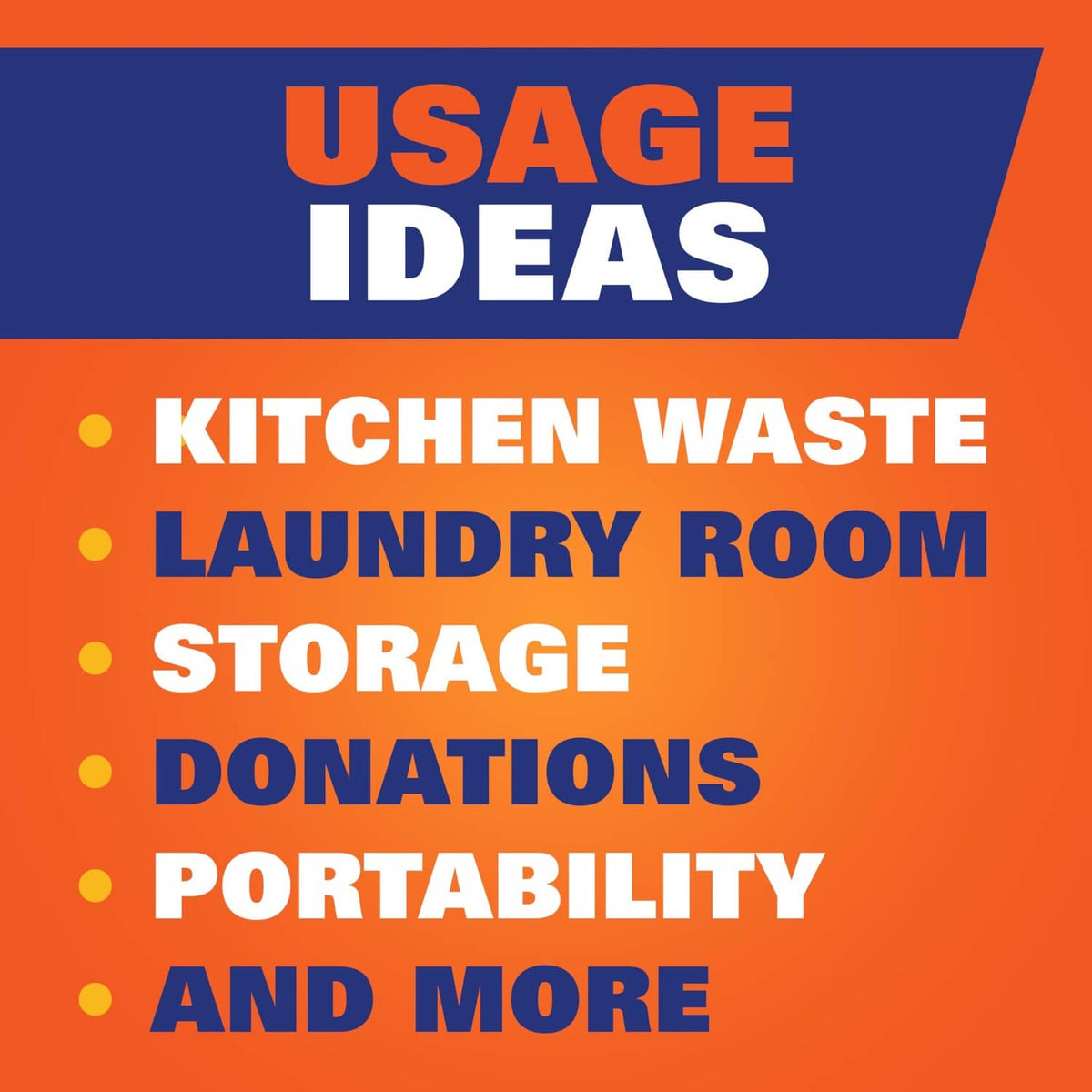 Hefty usage ideas graphic for kitchen waste, laundry room, storage, donations