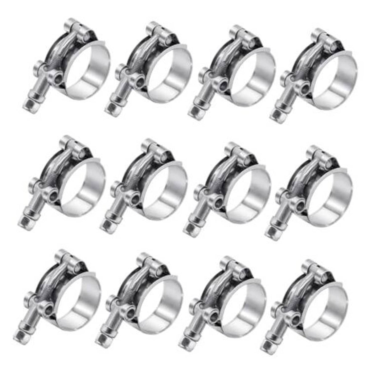 Stainless T-bolt hose clamp, silver band and bolt; 12-pack shown in a grid