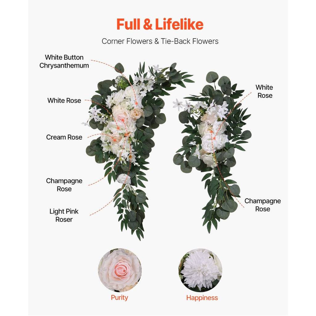 Artificial floral arch corner pieces with roses, white blooms, and eucalyptus leaves