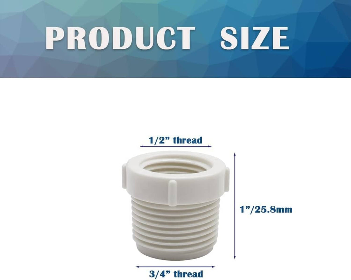 White PVC threaded adapter with size diagram for 3/4 male and 1/2 female threads