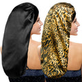 2-piece satin sleep bonnet set: black solid and leopard print hood with wide band