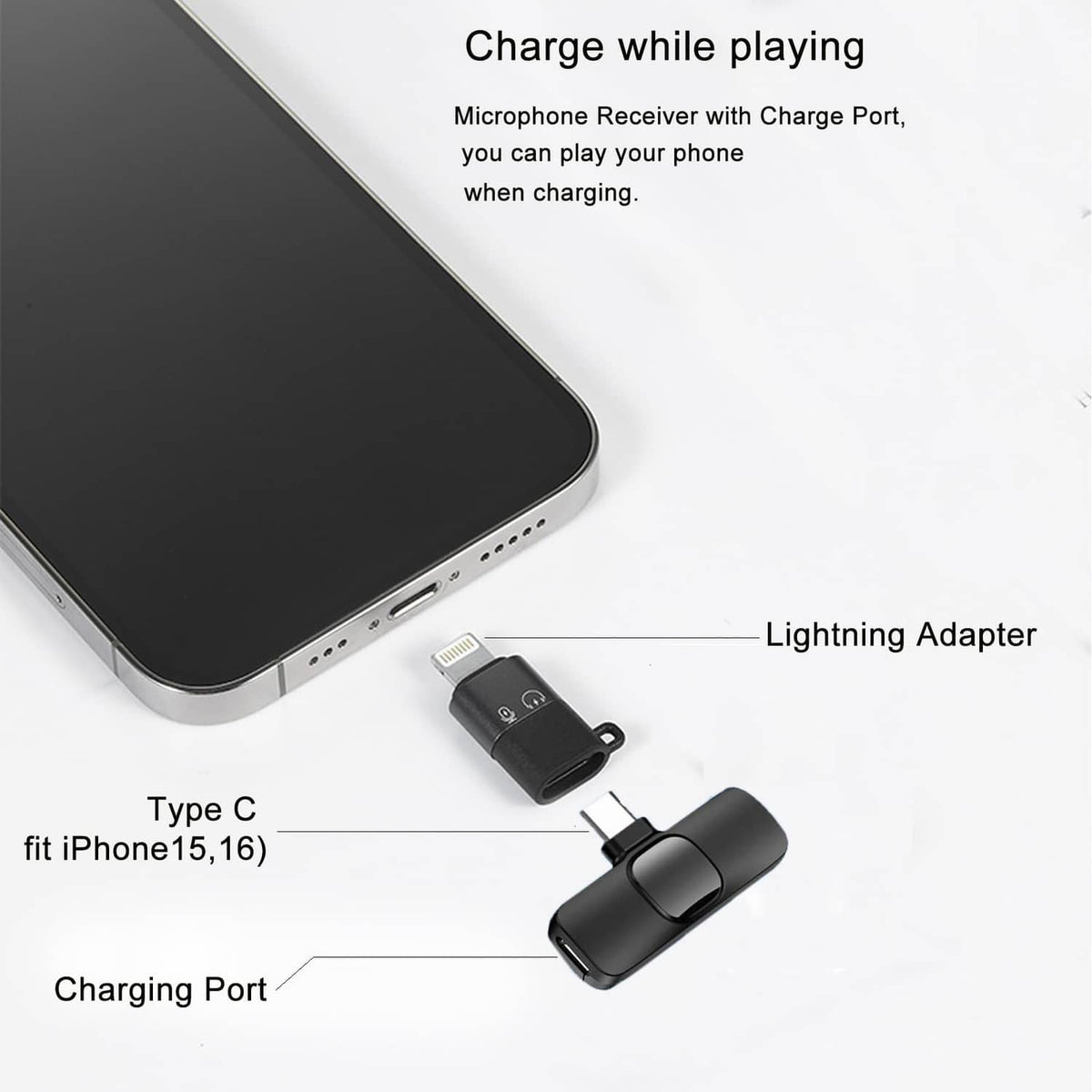 Black wireless lavalier microphone with charge port adapter for use while charging phone