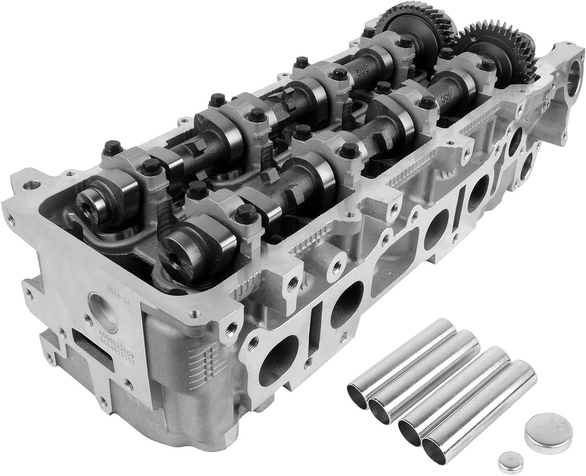 Cylinder head assembly with camshaft gears and valve ports, silver metal, includes parts