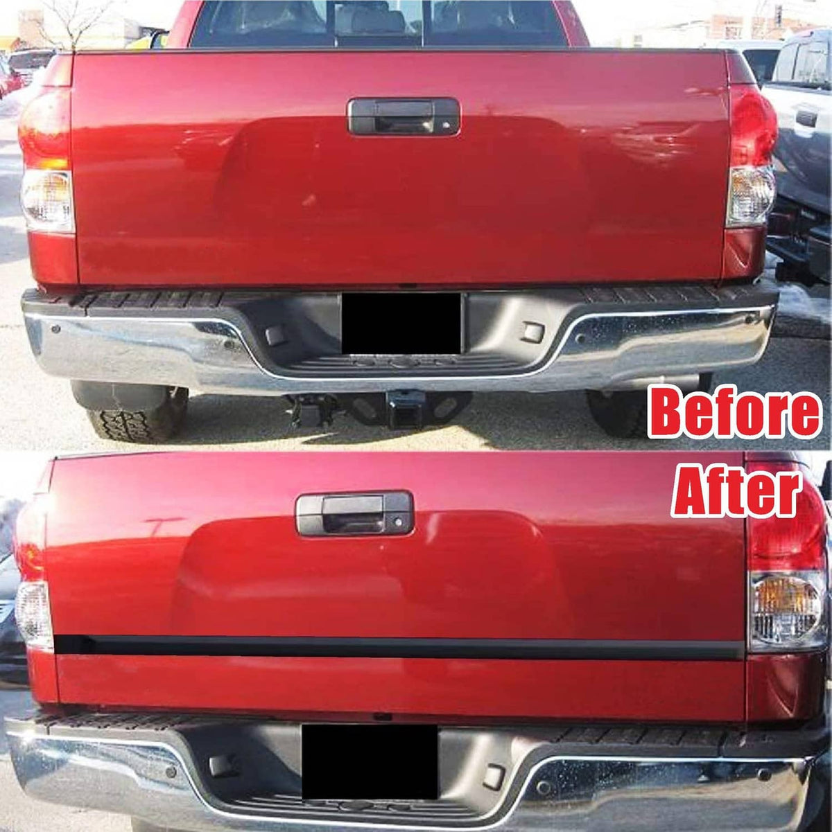 Glossy black bumper/edge trim installed on a pickup truck rear