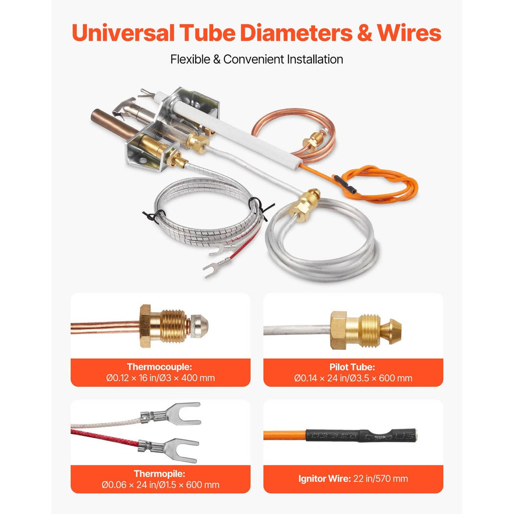 Natural gas pilot assembly kit with copper pilot tube, braided wire loops, and connector ends