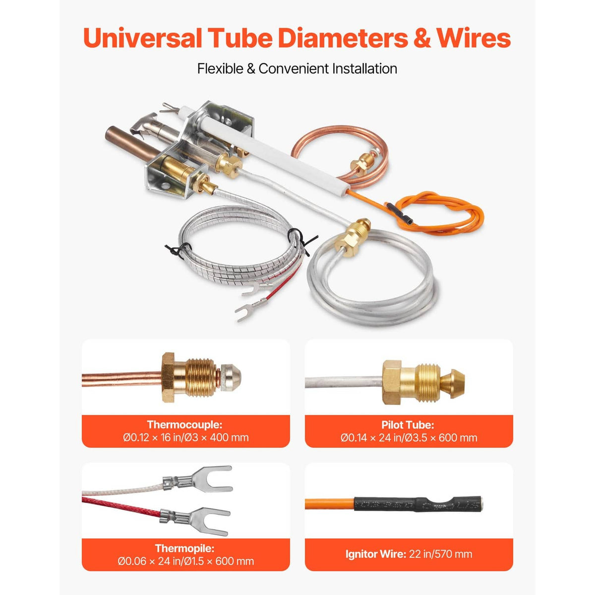 Natural gas pilot assembly kit with copper pilot tube, braided wire loops, and connector ends