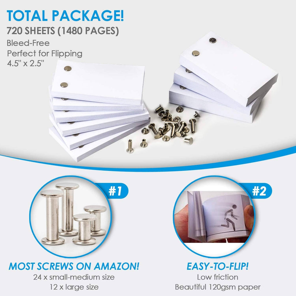Pack of white flip book pages with metal screws and punched binder holes