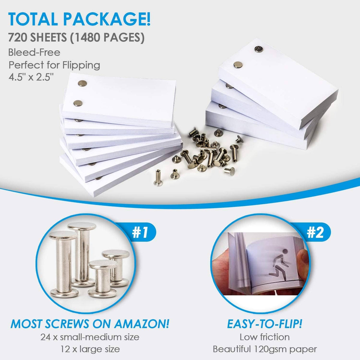 Pack of white flip book pages with metal screws and punched binder holes