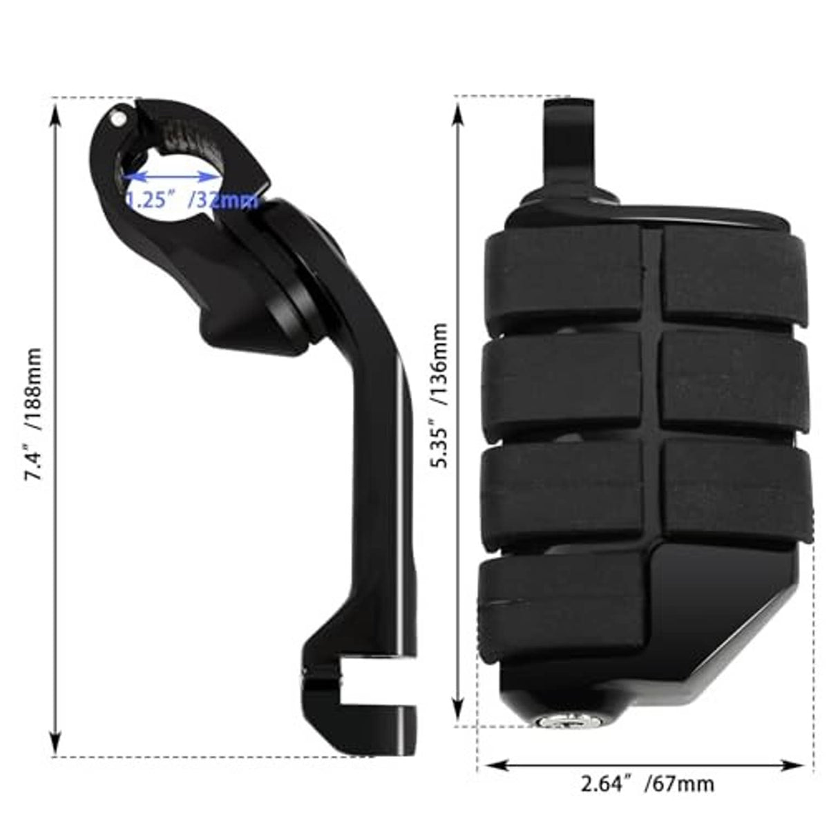 Black long angled foot peg with textured rubber tread, side view dimensions diagram
