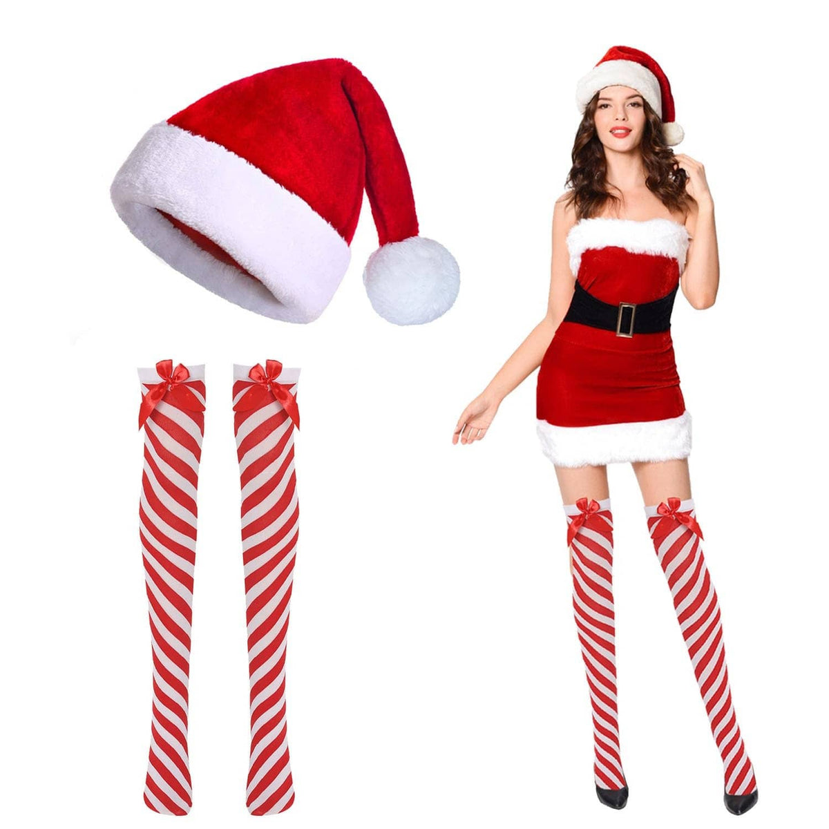 Santa hat and candy-cane striped stockings for women, red and white with fluffy trim