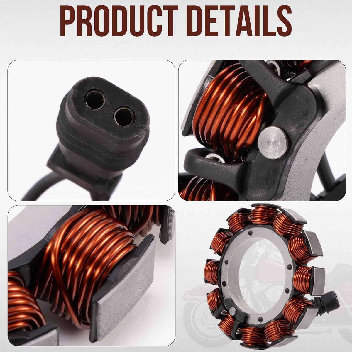 Motorcycle stator detail with copper coils and black leads, plus connector socket